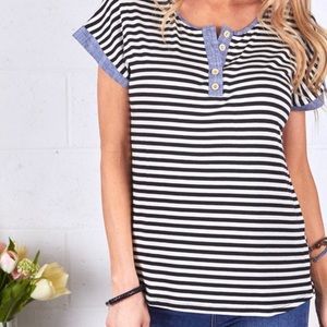Black and white with chambray striped top